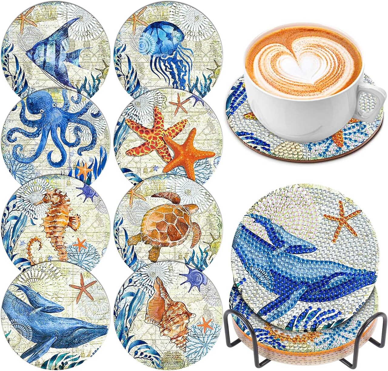 8 Pcs DIY Ocean Art Painting Coasters Set with Holder, Marine Life Designs